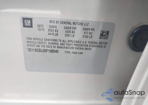 2014 Chevrolet Malibu 1Fl из США, поврежденный, VIN 1G11A5SL6EF198540